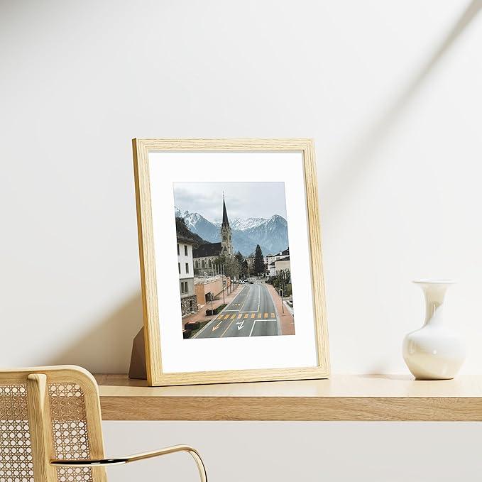 Vittanly 11x14 Picture Frames Set of 9, Shatter Resistant Plexiglass, Display 8x10 Pictures with Mat or 11x14 without Mat, Photo Frames for Wall or Tabletop, Engineered Wood, OAK