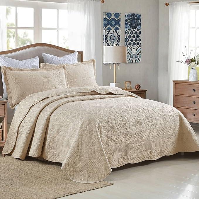 MarCielo 3-Piece 100% Cotton Oversized Bedspread Lightweight Quilt Coverlet Embroidery Farmhouse Bedding (Tf Khaki Beige, Oversized Queen (100