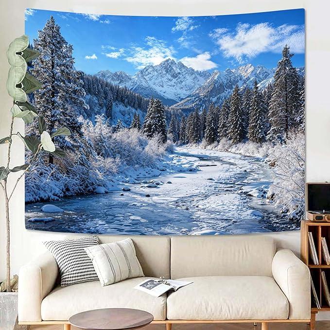 AMM Winter Forest Snow Mountain Tapestry Snowy Pine Tree Woodland Tapestry for Bedroom Aesthetic White Clouds Flowing River Landscape Tapestries Wall Hanging for Living Room Dorm Office 48 x 36 Inch