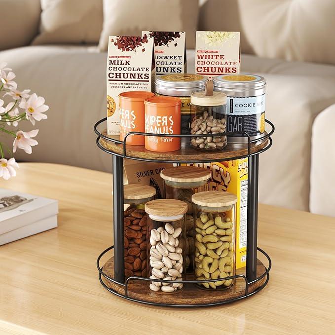 LAMU 10.2'' Wood Lazy Susan Turntable Organizer for Cabinet, 2 Tier Lazy Susan Spice Rack Organizer for Kitchen, Table Top, Countertop, Pantry, Medicine Organizer