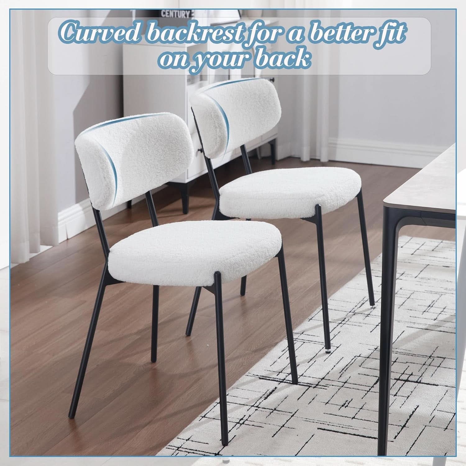 White Boucle Upholstered Dining Chairs Curved Back