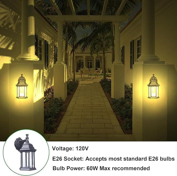 LIT-PaTH Outdoor Wall Lantern, Wall Sconce as Porch Lighting Fixture, E26 Medium Base Max 60W, Aluminum Housing Plus Glass, Matte Black Finish, 2-Pack