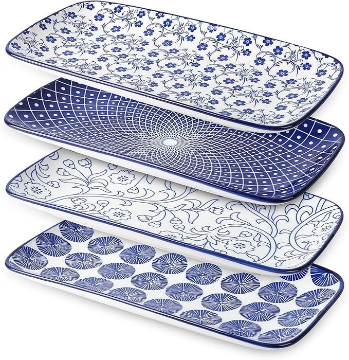 Selamica Ceramic Rectangular Salad Plates Set, Dinner Plate 9.4 Inch Dessert Plates for Party Entertaining, Small Serving Plates for Appetizers, Sushi, Fruit, Set of 4, Vintage Blue