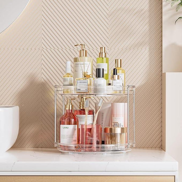 LAMU 10.6in Rotating Makeup Organizer for Vanity, 2 Tier Lazy Susan Turntable Stackable Spinning Skincare Organizer Cosmetic Perfume Tray for Bathroom Counter, Large Capacity, Clear