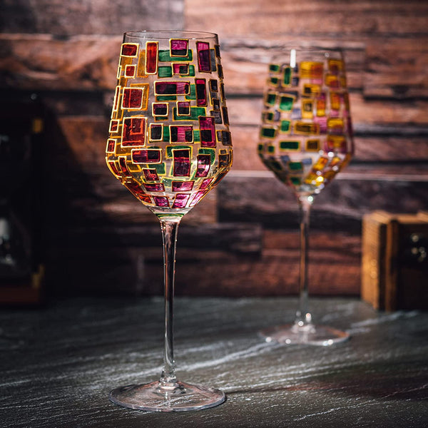 The Wine Savant Renaissance Stained Glass Windows, Artisanal Hand Painted Glassware Gift Idea Her, Him, Birthday, Mom, Housewarming, Gifts Ideas for Women & Men Art Deco (Stemmed Wine Glasses)