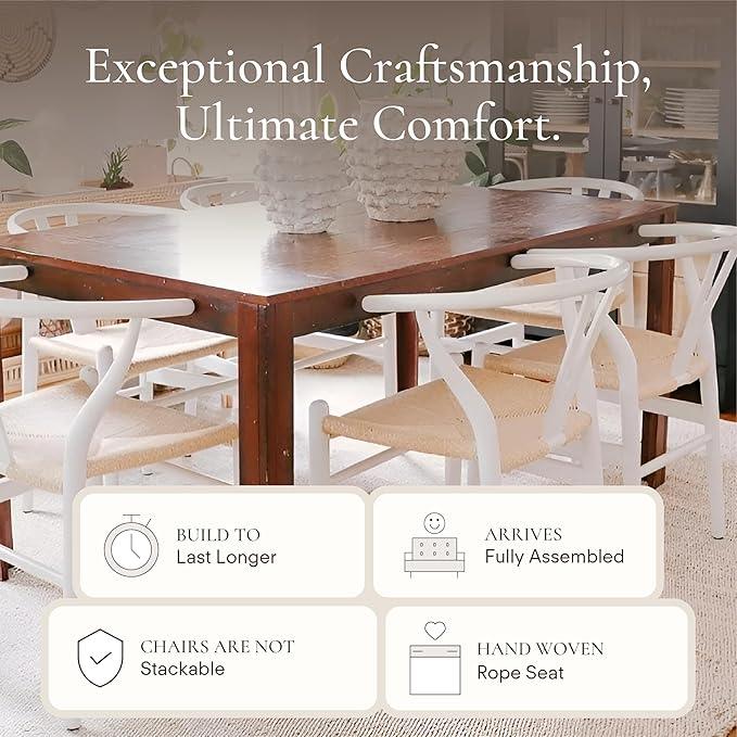 POLY & BARK Weave Dining Chair – Mid-Century Modern Wishbone Dining Chair with Arms, Solid Wood Frame, Indoor Use – White – Single - Ideal for Dining Room, Kitchen or Stylish Accent Setting