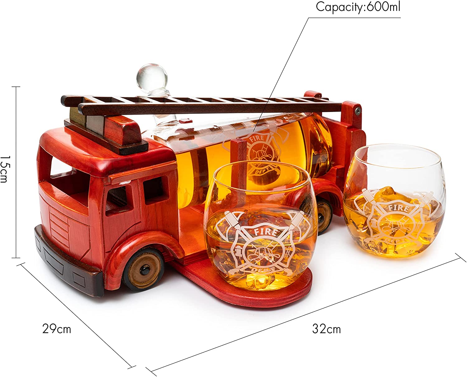 Firetruck Whiskey Decanter with Two 12 oz Glasses Gift Firefighter Gifts, Fireman, Firetruck Figurine, Police Gifts, Fire Department Gifts, Gifts for Firefighters! 600ml 13