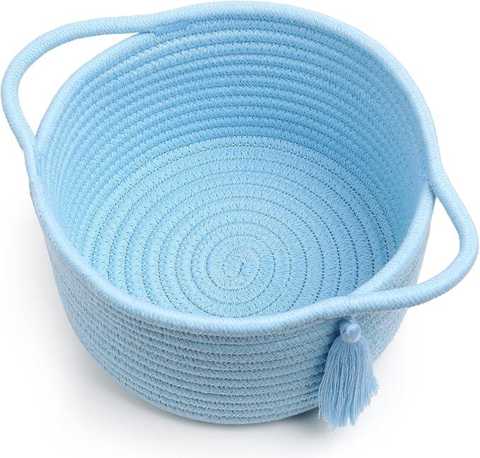 Empty Gift Basket – SweetMemo Mini Woven Rope Organizer Baskets for Gifting, Baby Shower, Desk, Makeup Brushes, Bathroom, Shelves – Small Decorative Storage Bin with Gift Bag & Ribbon – Soft Blue