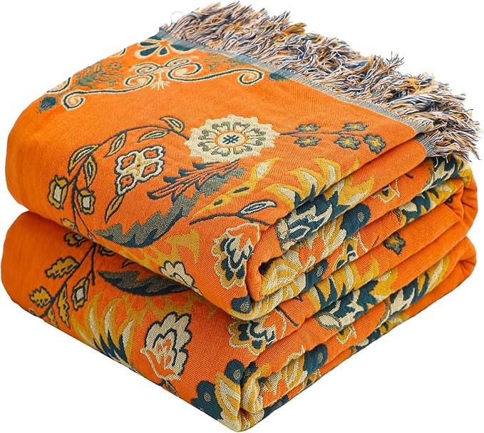 Boho Large Throw Blanket, 100% Organic Cotton Breathable Soft Bed Throw - Floral Farmhouse Decor Blanket for Sofa Couch Chair and Gift. 91