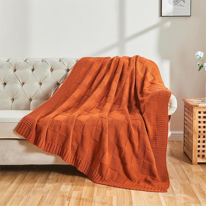 CozeCube Check Knit Throw Blanket, Rust Orange Checkered Throw for Couch, Decorative Christmas Soft Cozy Warm Knitted Blanket for Bed Sofa Living Room, 50