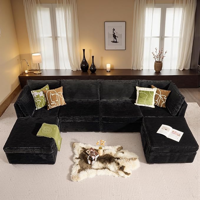 HOOOWOOO Modular Sectional Sofa,6 Pieces Sectional Couches for Living Room,131X66 L Shaped Cloud Couch with Ottoman Chaise Set(Black Velvet Corduroy)