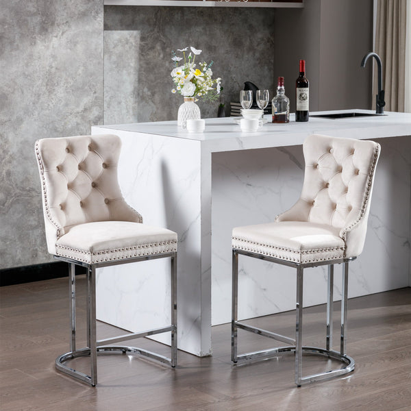 Counter Height Velvet Bar Stools with Button Back & Rivet Trim Upholstered Seats
