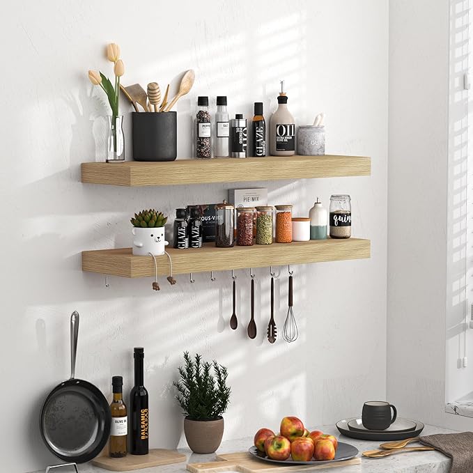Fun Memories Floating Shelves - 24 Inch Rustic Wooden Wall Shelves - Extra Deeper & Thicker Wall Mounted Storage Shelf for Living Room, Kitchen, Farmhouse - 24
