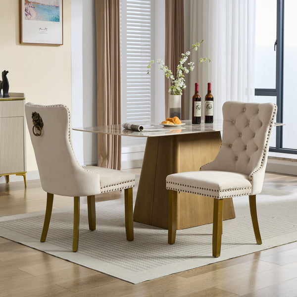 Mid-Century Modern Tufted Velvet Dining Chairs with Lion Head Pull Ring and Nailhead Trim