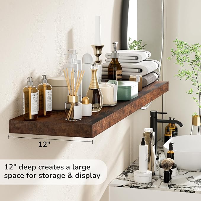 Fun Memories Floating Shelves - 12 Inch Rustic Wooden Wall Shelves - Extra Deeper & Thicker Wall Mounted Storage Shelf for Living Room, Kitchen, Farmhouse - 48