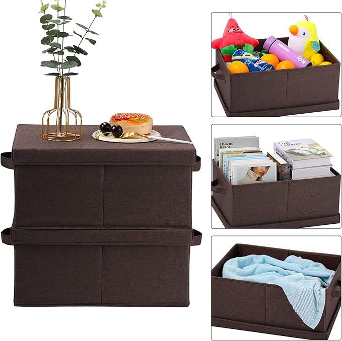 HOONEX Linen Foldable Storage Bins with Lids, 2 Pack, Storage Boxes with Carrying Handles and Sturdy Heavy Cardboard, 16.5