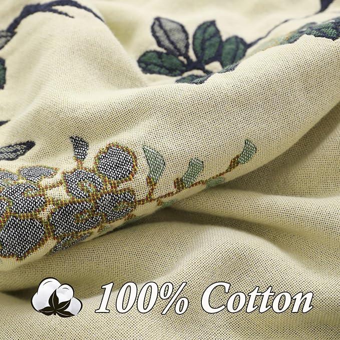 Snycler Boho Throw Blanket for Bed - 100% Cotton Ultra Soft Rustic Quilt Blanket Green Floral Bird Printed Farmhouse Decor Bed Blankets, 80