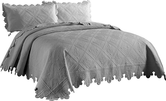 MarCielo 3-Piece 100% Cotton Oversized Bedspread Lightweight Quilt Coverlet Embroidery Farmhouse Bedding Set (Tk Light Grey, Oversized Queen (100