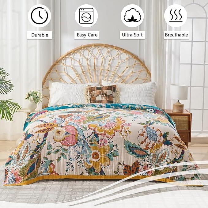 Ultra Soft Lightweight Cotton Quilts,Cozy Summer Boho Throw Blankets,Lightweight Reversible Muslin Blanket Decor Blankets for Armchair Travel, 80