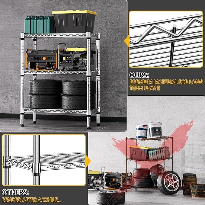 750 lbs 3 Tier Shelf Metal Storage Shelves Wire Rack Closet Organizers for Garage Kitchen Bathroom Laundry Chrome 11.8