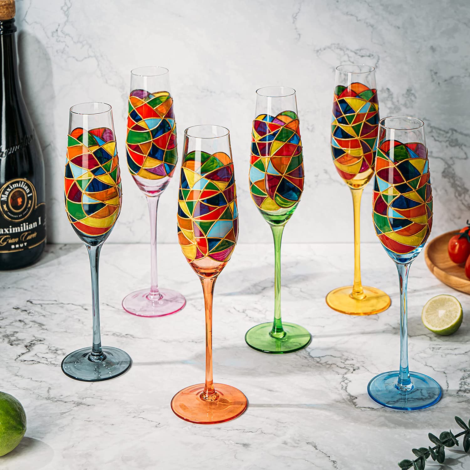 Stained Glass Champagne Flutes Set of 6 Hand Painted - Wine Savant - Hand Blown 7 Ounce Colorful Renaissance Champagne Glasses - 10.2