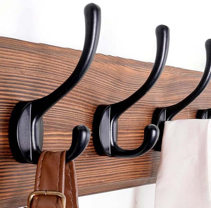 SKOLOO Rustic Wall Mounted Coat Rack with 16 Inch Mounting Hole Distance, Pine Solid Wood Coat Hook Hanger - 5 Hooks for Hanging Clothes Robes Towels Coats