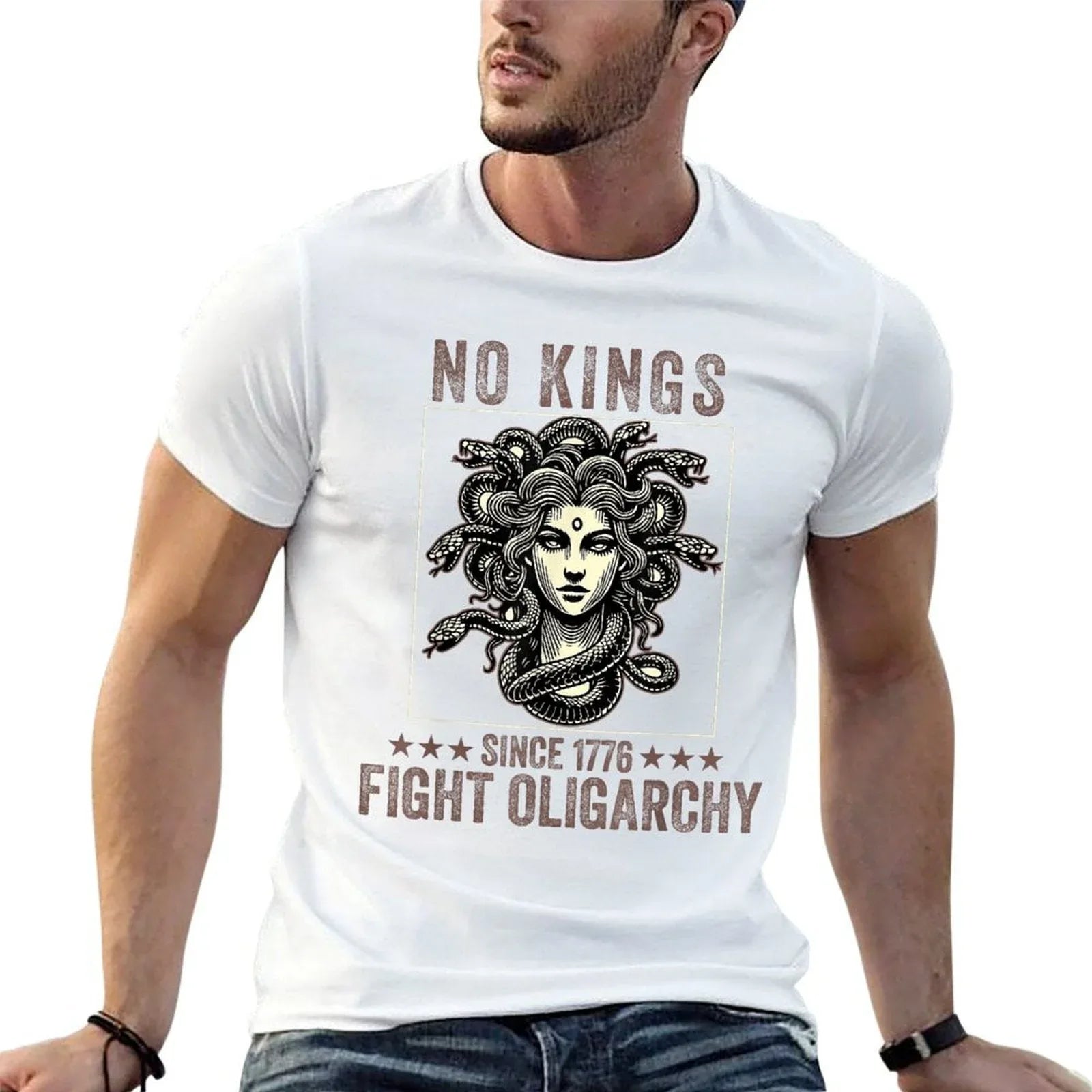 No Kings Fight Oligarchy Medusa Feminist Patriot Women Girl  Ribbed Collar T-Shirt