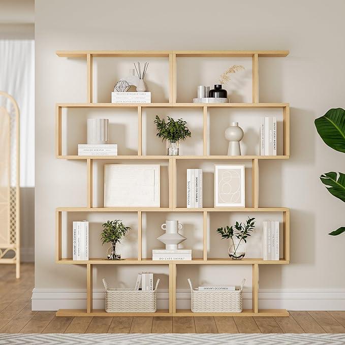 Oak 5-Tier Geometric Bookcase, S-Shaped Modern Bookshelf Set of 2, 62.6