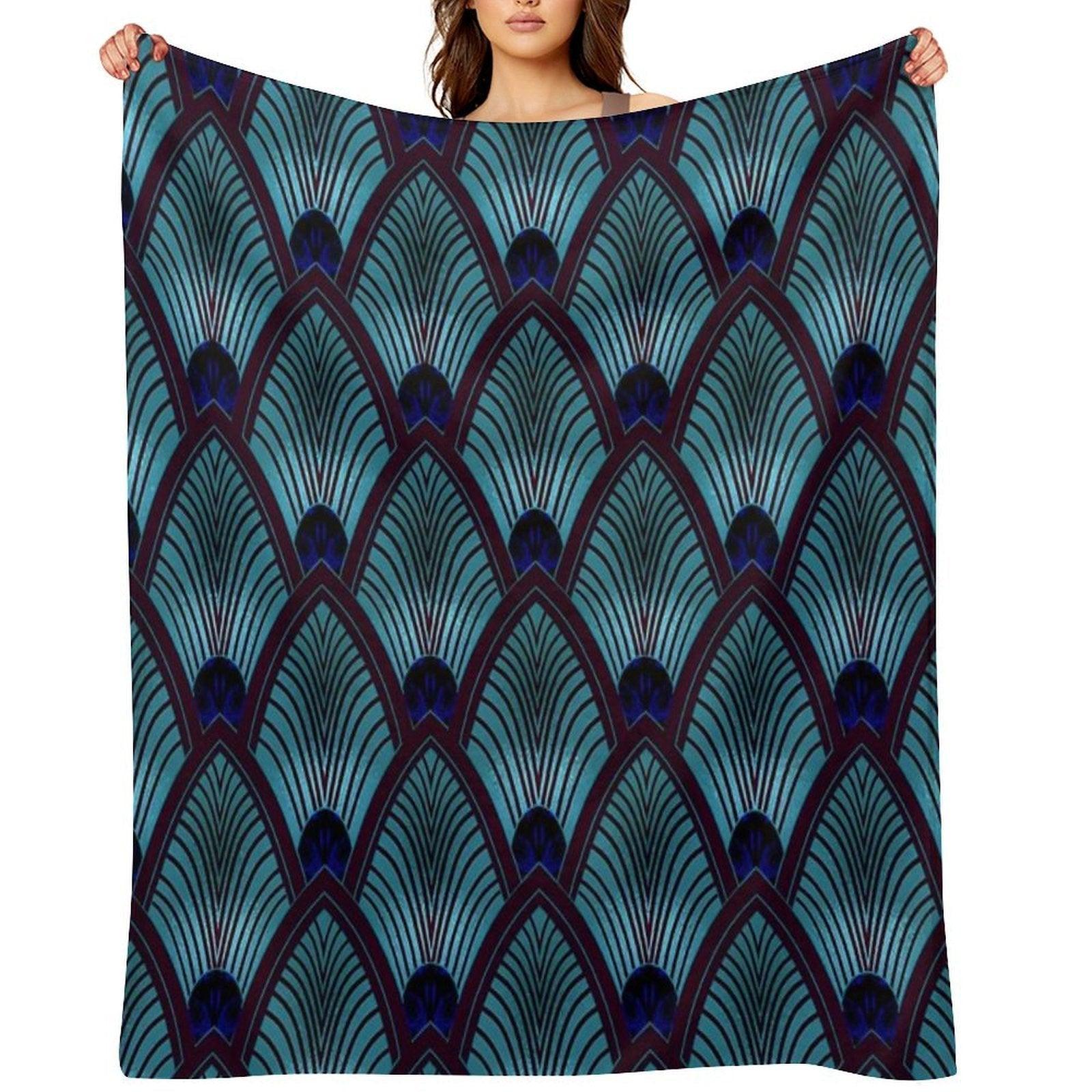 Art Deco Sunburst Fan in Metallic Blue Throw Blanket