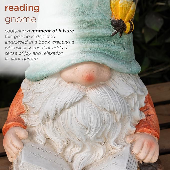 Alpine Corporation MCC844 Indoor/Outdoor Gnome Reading a Book Garden Statue, Charming Gnome Statue with Hat, 20