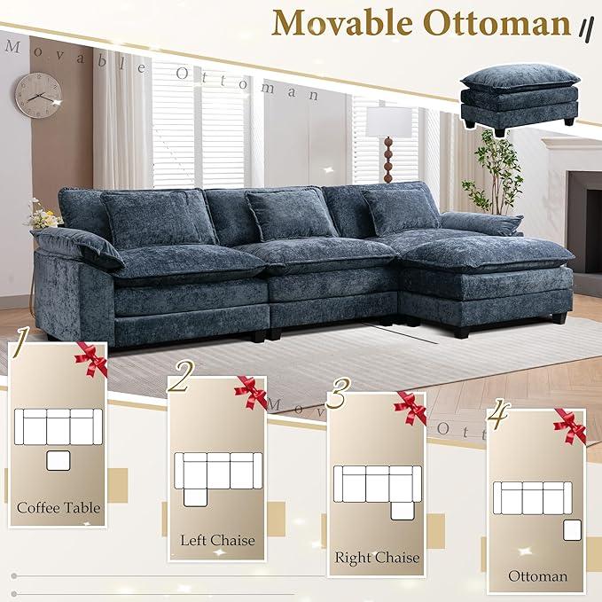 URRED Modular Sectional Sofa Comfy Cloud Couch, Modern Chenille Sofa Sleeper Deep Seat Couches with Ottoman/Pillows for Living Room (Blue, 117''- L Shape)
