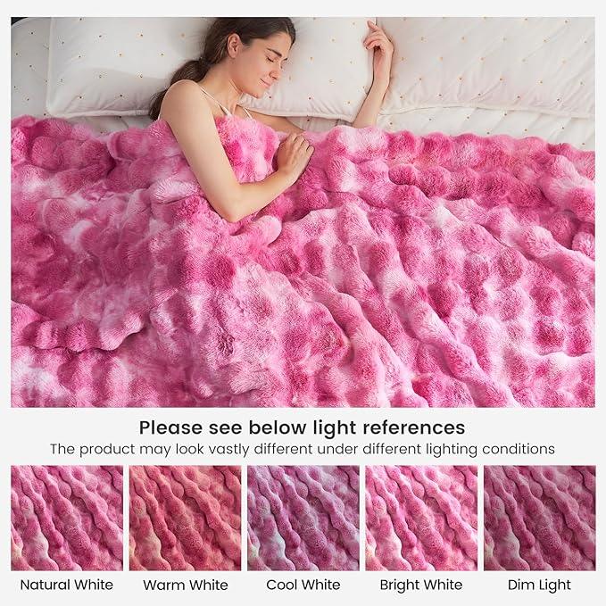 Cozy Bliss Faux Fur Throw Blanket for Couch, Fuzzy Soft Plush Thick Bubble Blanket for Sofa Bedroom Living Room, 50 * 60 Inches Tie Dye Pink