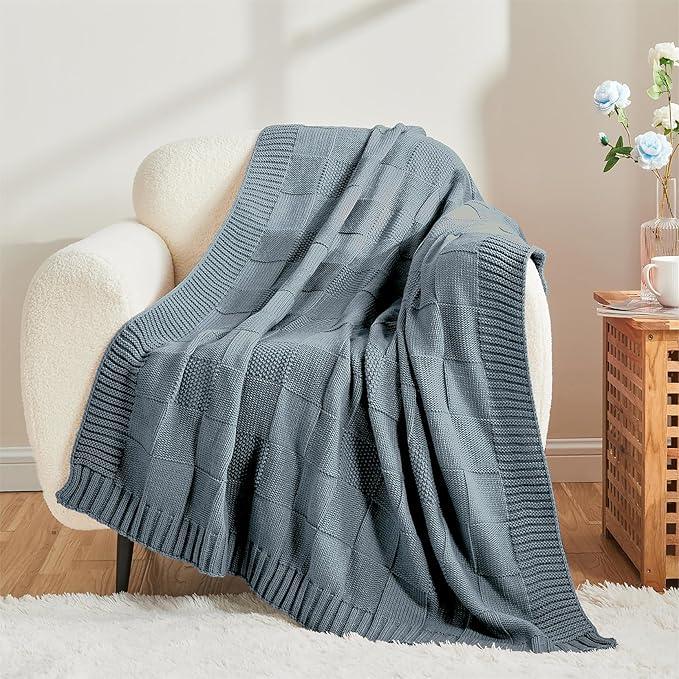CozeCube Check Knit Throw Blanket, Dusty Blue Checkered Throw for Couch, Decorative Christmas Soft Cozy Warm Knitted Blanket for Bed Sofa Living Room, 50
