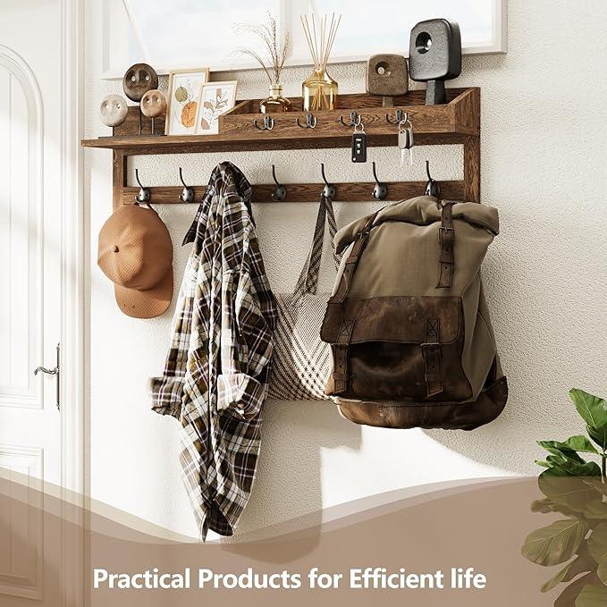 AMBIRD Coat Rack Wall Mount, 35 inch Large Wall Hooks with Shelf, Entryway Shelf with 7 Dual Coat Hooks 4 Key Hooks Mail Organizer, Wooden Coat Hanger and Key Holder Wall Mount