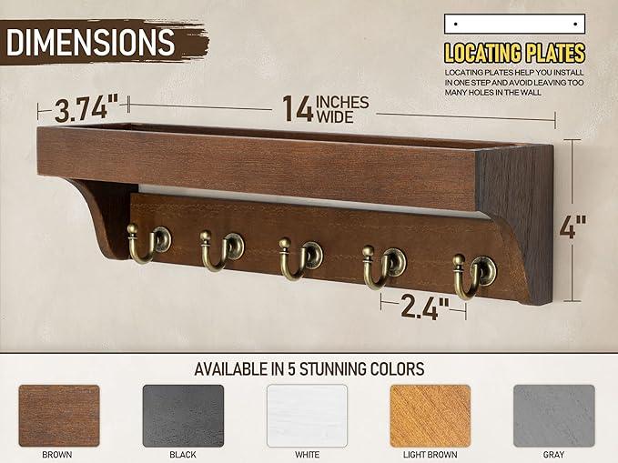 Rebee Vision Farmhouse Key Holder for Wall - Decorative Wooden Mail Organizer with 5 Rustic Key Hooks and Floating Shelf for Home Decor, Hallway, Entryway, Appartment (Retro Brown)