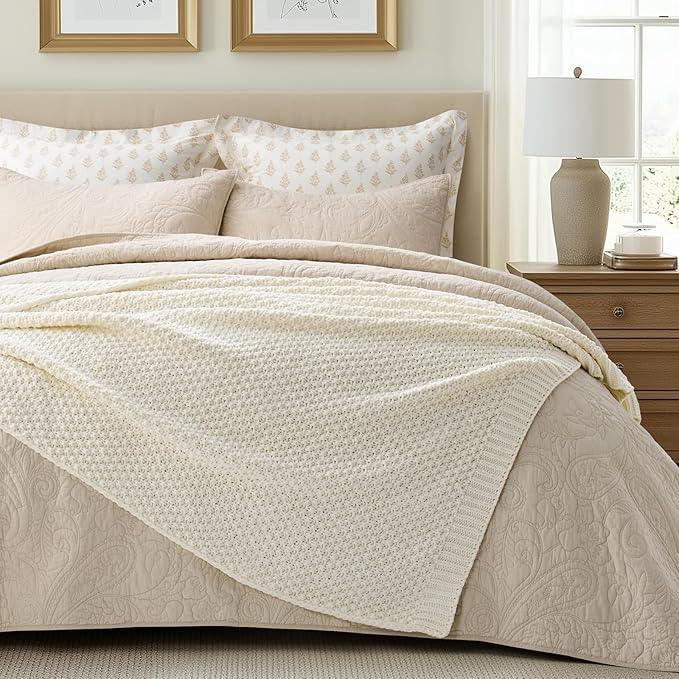 Chunky Chenille Knit Throw Blanket for Couch, Soft Luxurious Moss Stitch Blankets for Bed, Cozy Decorative Farmhouse Knitted Throws for Sofa, Ivory White, 50