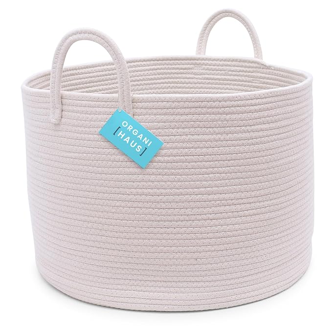 OrganiHaus Large Laundry Basket, Woven Cotton Rope Basket for Blankets, Toy Storage, Nursery Hamper, Living Room Decor Organizer, Soft & Durable Hamper with Handles, 20x13 inches - Off-White
