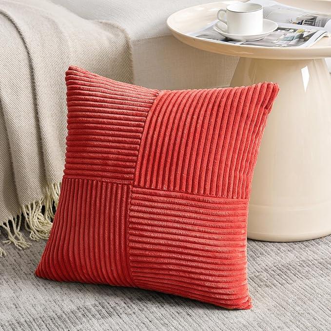 Fancy Homi 2 Packs Red Decorative Throw Pillow Covers 18x18 Inch for Living Room Couch Bed Sofa, Rustic Boho Farmhouse Home Decor, Soft Corss Corduroy Patchwork Textured Square Cushion Case 45x45 cm