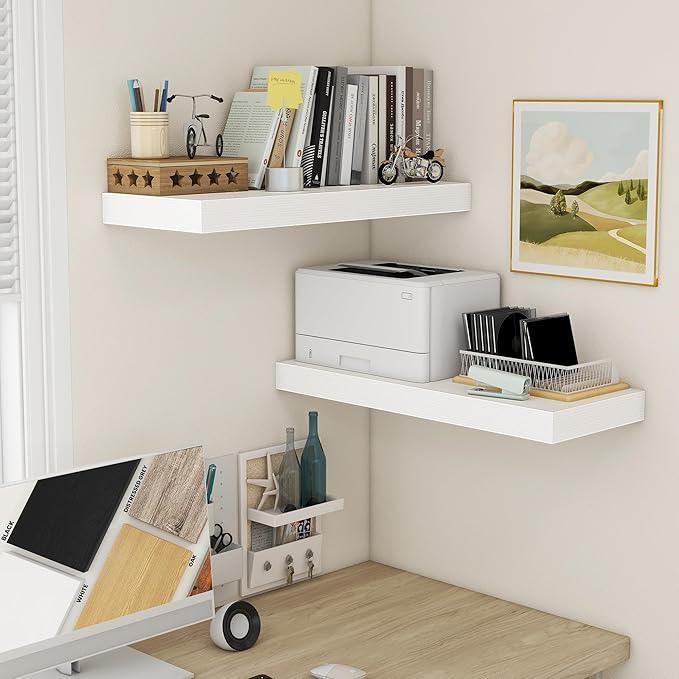 Deep Floating Shelves | 30 Inch Floating Shelves for Wall Set of 2 | 12 Inch Deep White Shelves for Living Room Bathroom Laundry Room Bedroom Kitchen Home Office - White