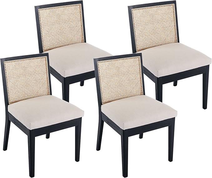 VESCASA Upholstered Dining Chairs with Square Wooden Rattan Back, Armless Padded Linen Cushion Dining Chairs with Wood Legs for Dining Room, Kitchen, Set of 4, Black Frame