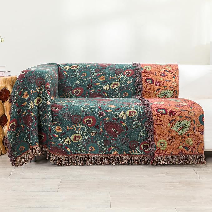 Boho Throw Blanket for Bed,100% Ultra Cotton Soft Breathable Bed Throw Floral Printed Farmhouse Decor Rustic Bed Throws for Couch Sofa Quilt 60