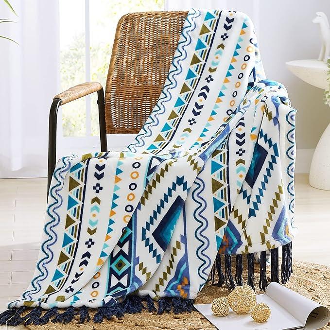 CASAAGUSTO Boho Throw Blanket - Blue and White Decorative Blankets with Tassel, Printed Flannel Bohemian Blanket for Chair, Bed, Sofa, Couch(50 * 60, Blue and White)