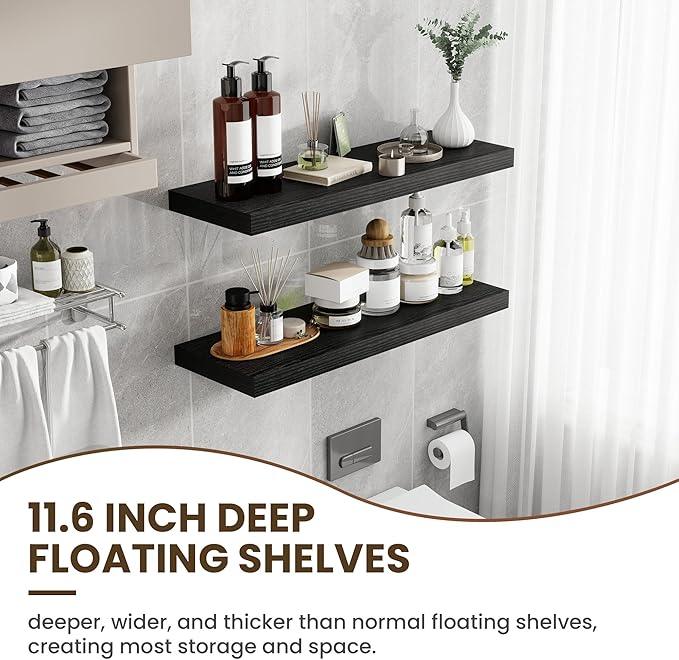 36 Inch Floating Shelves, 12 Inch Deep Floating Shelves for Wall, Floating Shelf with Invisible Brackets, Deep Shelves for Bathroom, Bedroom, Living Room, 2 Pack, Black