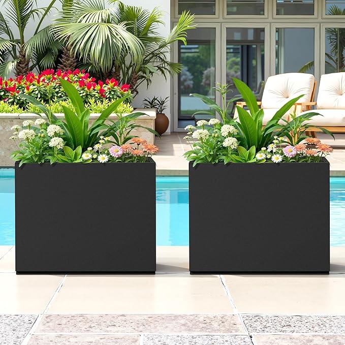 FENCY Metal Planter Box, Large Rectangular Planters for Outdoor Plants, Outdoor Tall Planters with Drainage Holes, Black Metal Planters (30