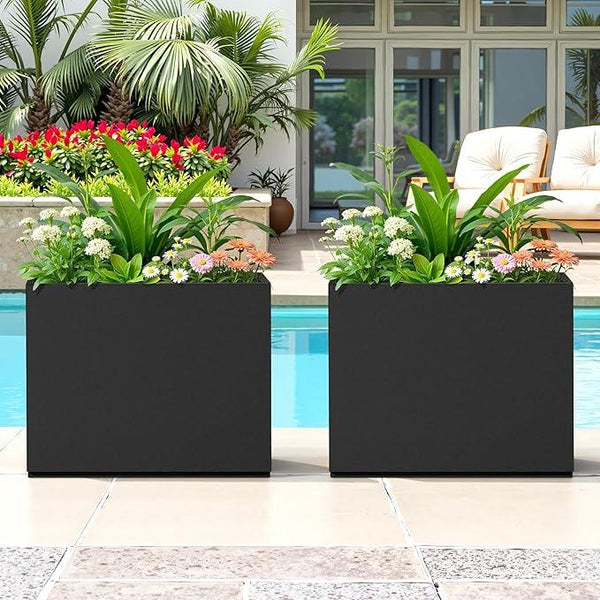 FENCY Metal Planter Box, Large Rectangular Planters for Outdoor Plants, Outdoor Tall Planters with Drainage Holes, Black Metal Planters (30
