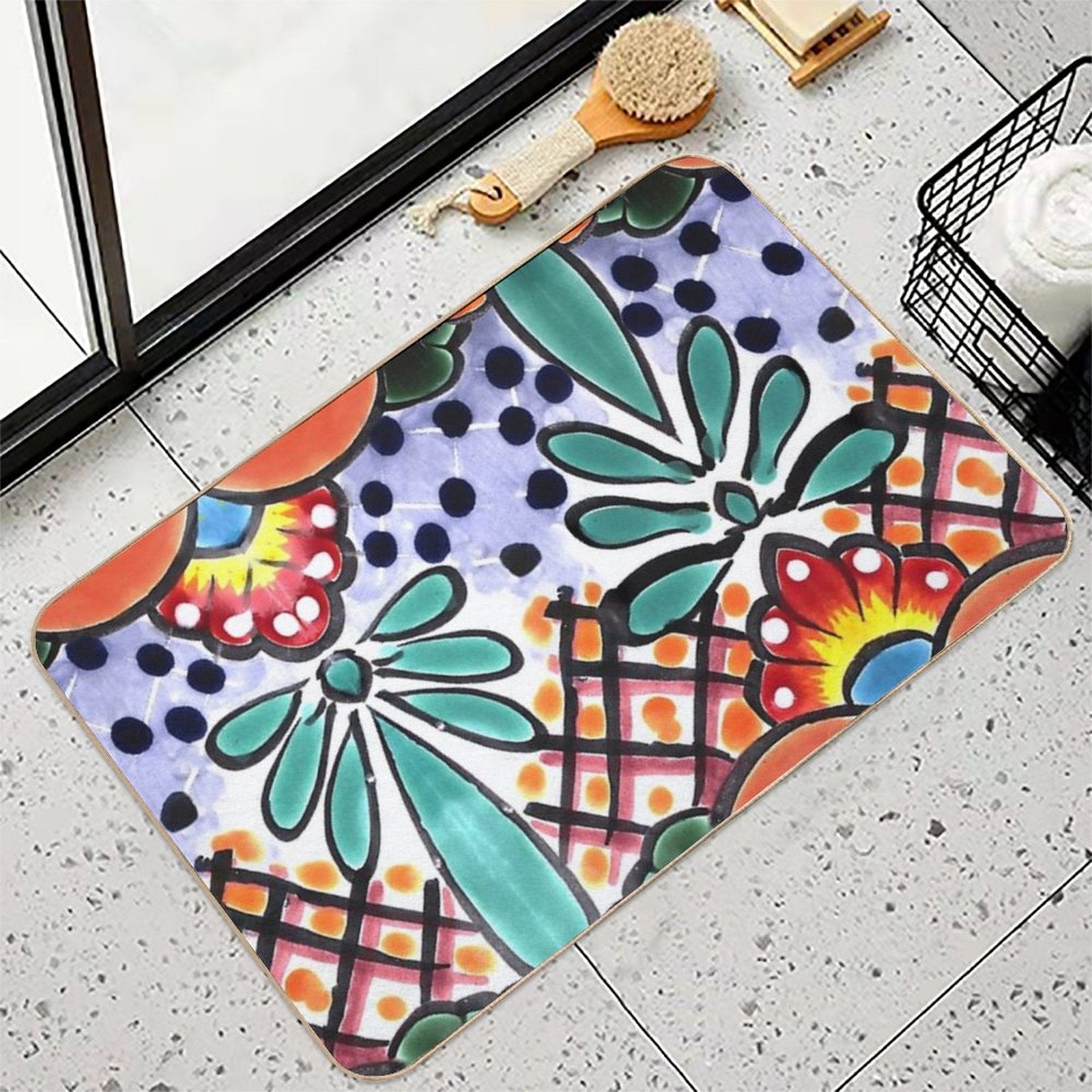 Colorful Talavera, Orange Accent, Mexican Tile Design Bath Mat BionZax