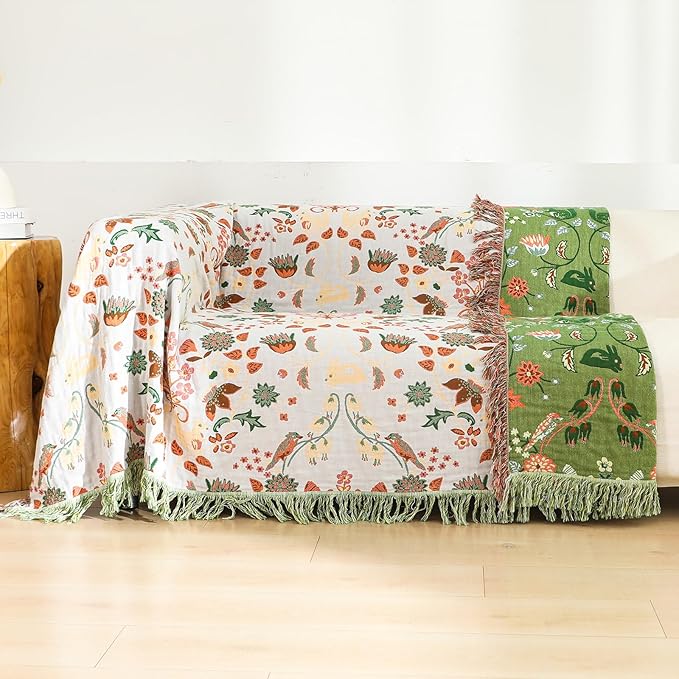 Boho Throw Blanket for Bed, 100% Cotton Ultra Soft Rustic Quilt King Blanket Florals and Animals Printed Farmhouse Decor Large Bed Blankets,90