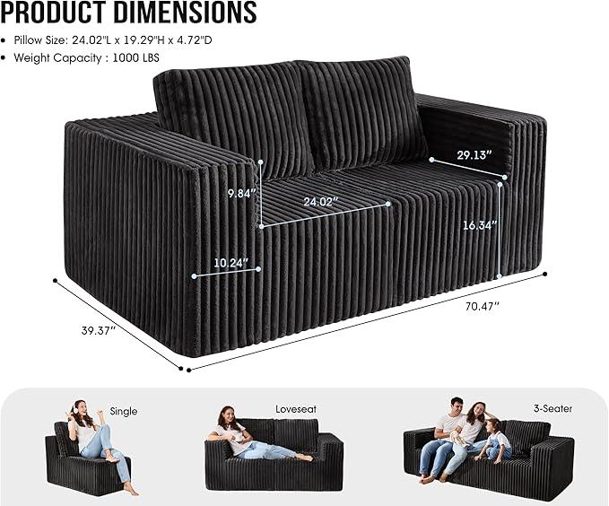 Modular Sectional Sofa 2 Seater Loveseat Modular Couch with Deep Seat Memory Foam Cloud Chair with Pillows Oversized Sectional Sofa for Living Room Bedroom (Strip Grey, Loveseat)