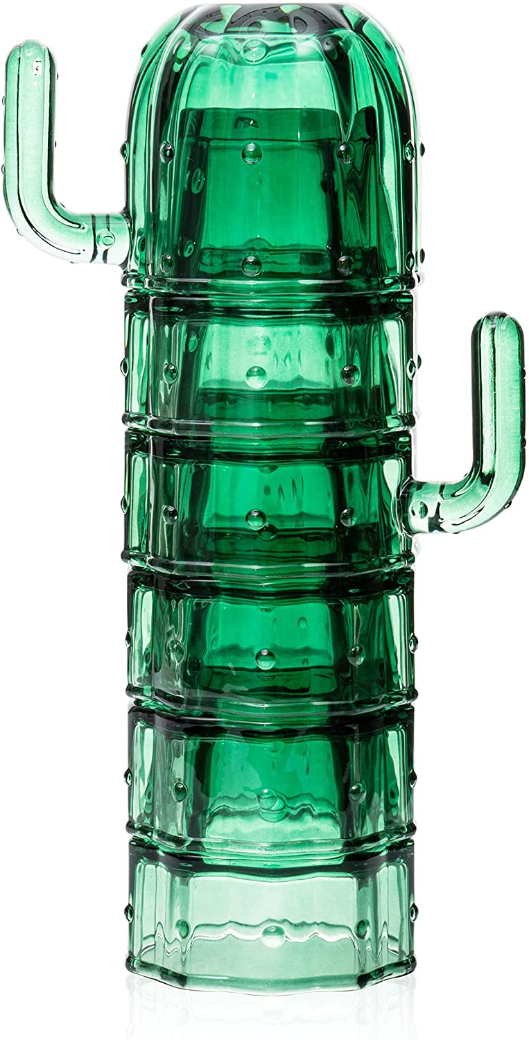 Cactus Stackable Glasses, Stacktus Gifts, Set of 6-10 oz Cactus Shape Glasses With Handles Green Glass Blown Figurines Plant Decorations for Parties 3.5