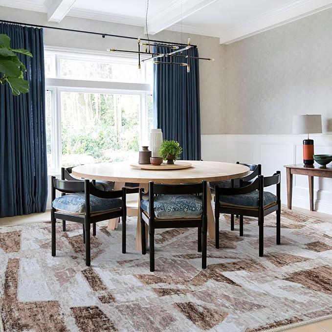 Modern Abstract 5X7 Area Rug for Living Room Bedroom Washable, with Non-Slip Rubber Backing Print Faux Wool Thin, Brown Throw Large Carpet for Kids Playroom Dining Room Pet & Child Friendly